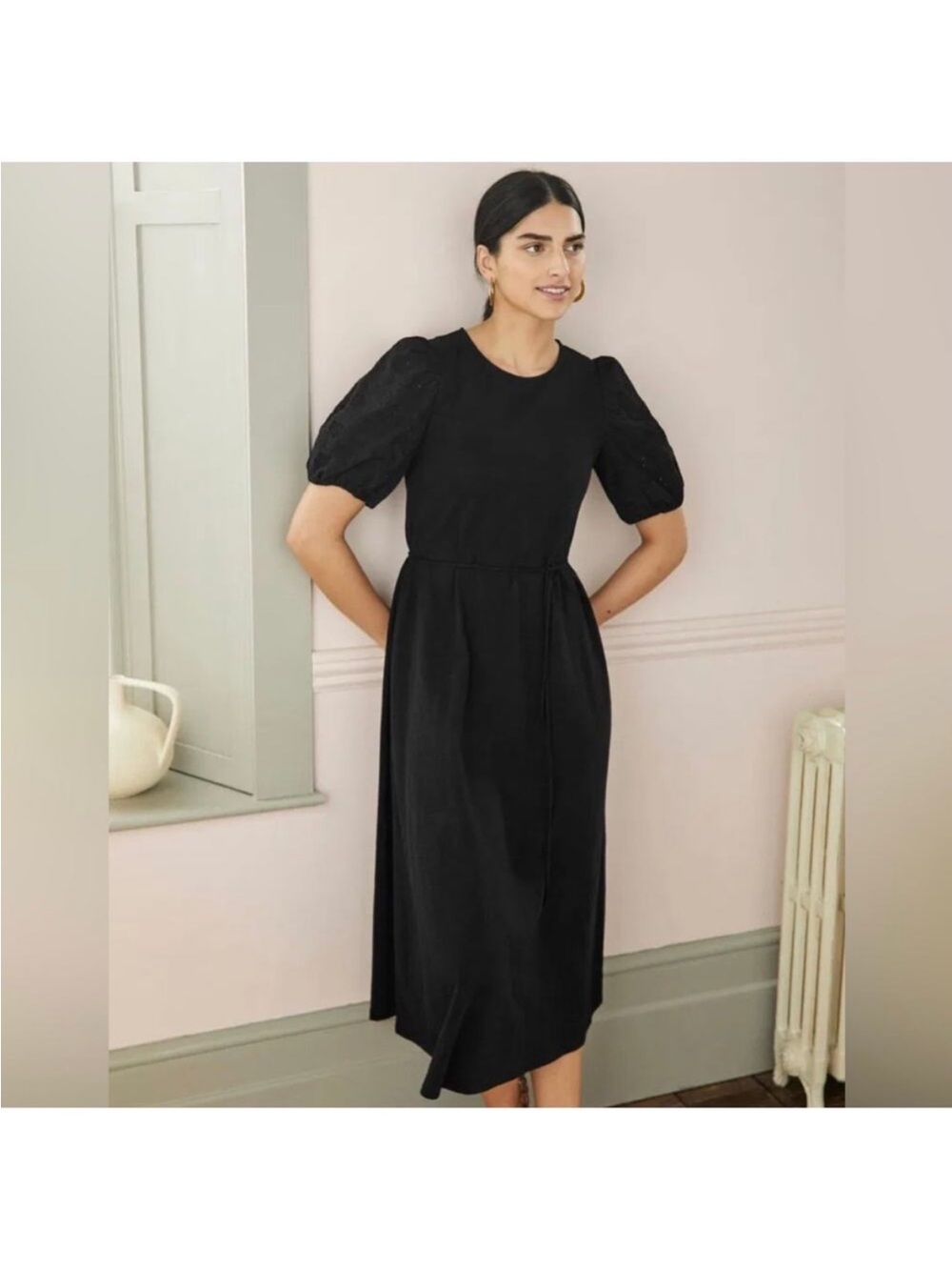 NWT Boden Broderie Mix Jersey Midi Dress Black 10
